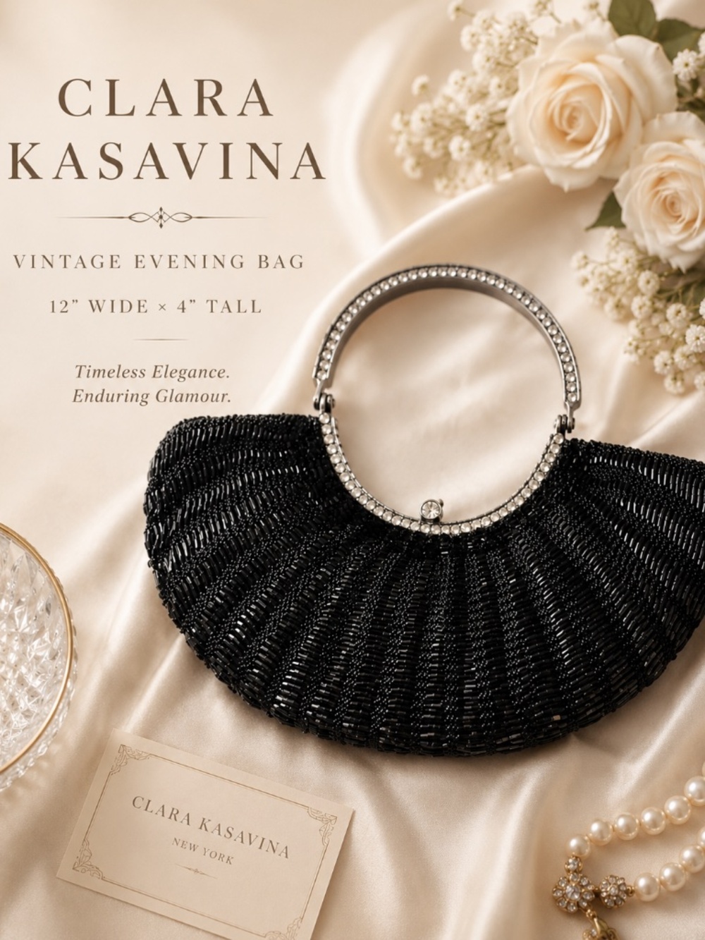 Vintage Slouchy Clara Kasavina Black Beaded Evening Bag Rhinestone Handle Clutch